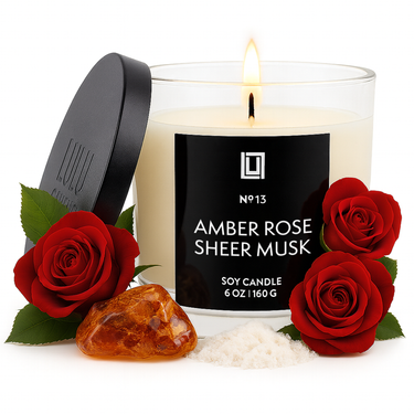 Amber, Rose & Sheer Musk | Luxury Scented Candle | 6 Oz. with Black Lid