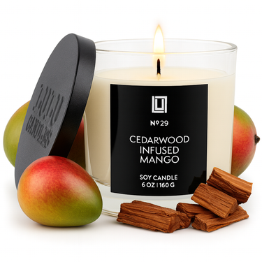 Cedarwood Infused Mango | Luxury Scented Candle | 6 Oz. with Black Lid